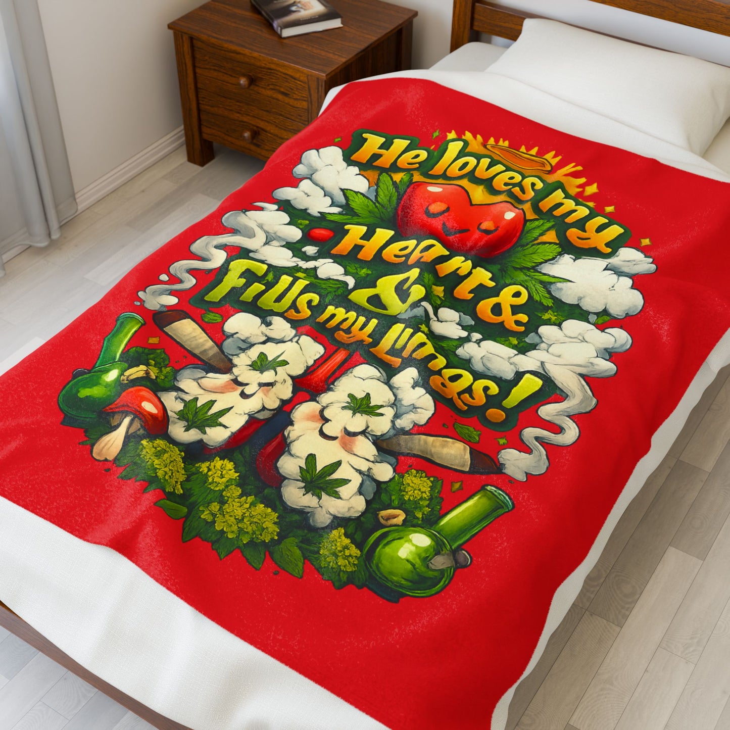 Velveteen Plush Blanket — "He Loves My Heart & Fills My Lungs" Cozy Cannabis-Themed Throw